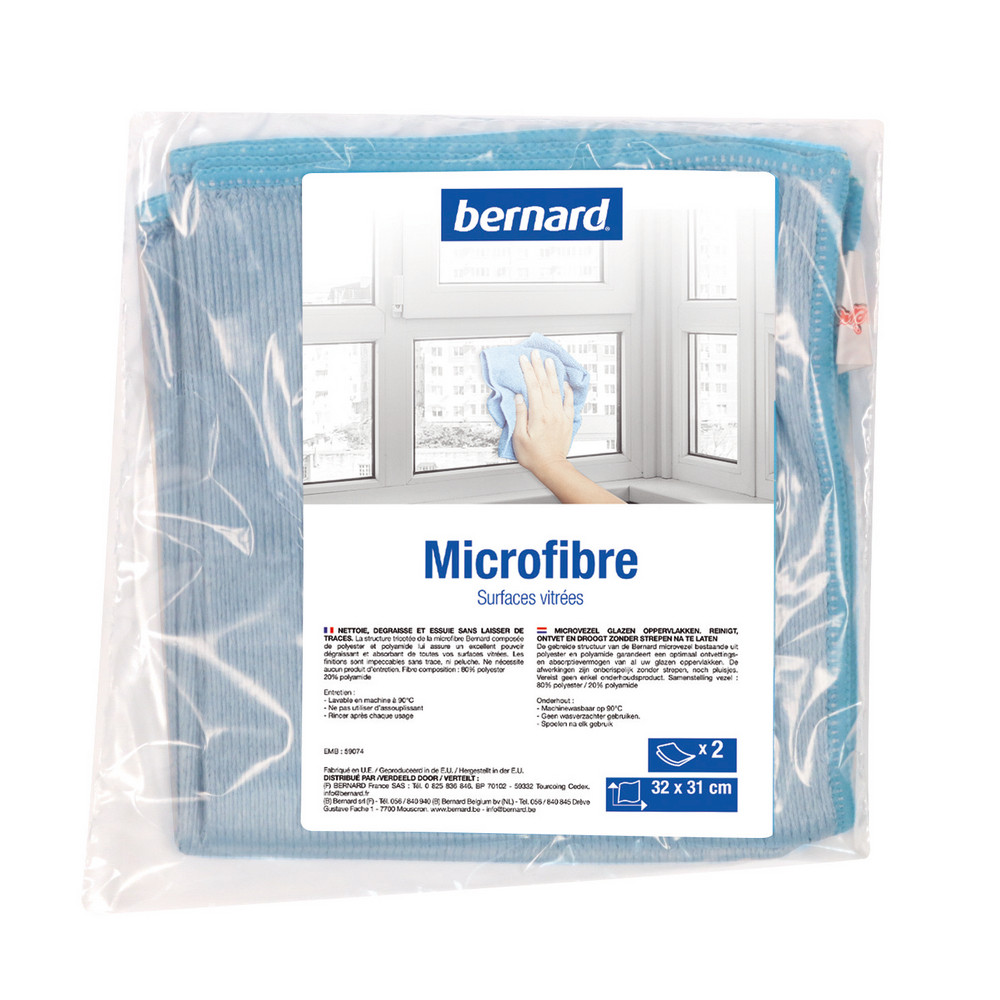 2 lavettes microfibres pour vitres 30x31 cm Bernard