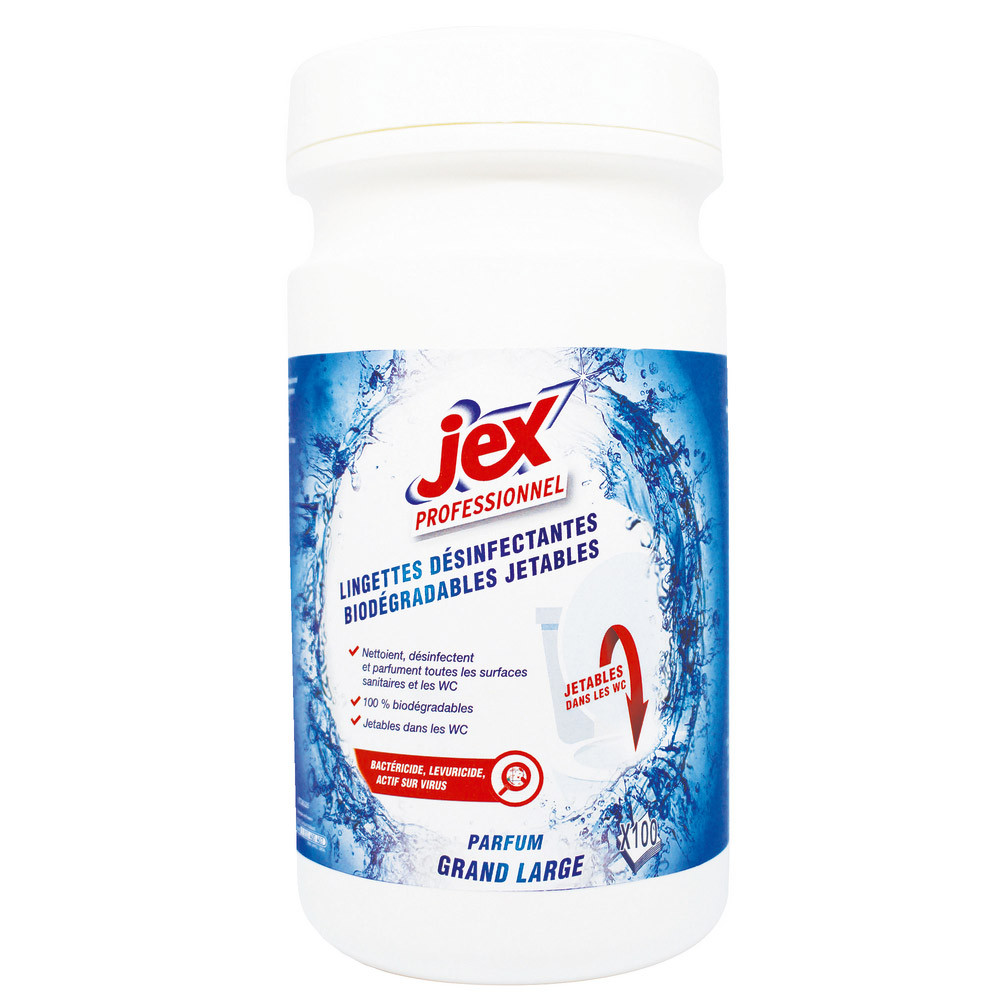 Lingettes désinfectantes sanitaires biodégradables Jex, boîte de 100