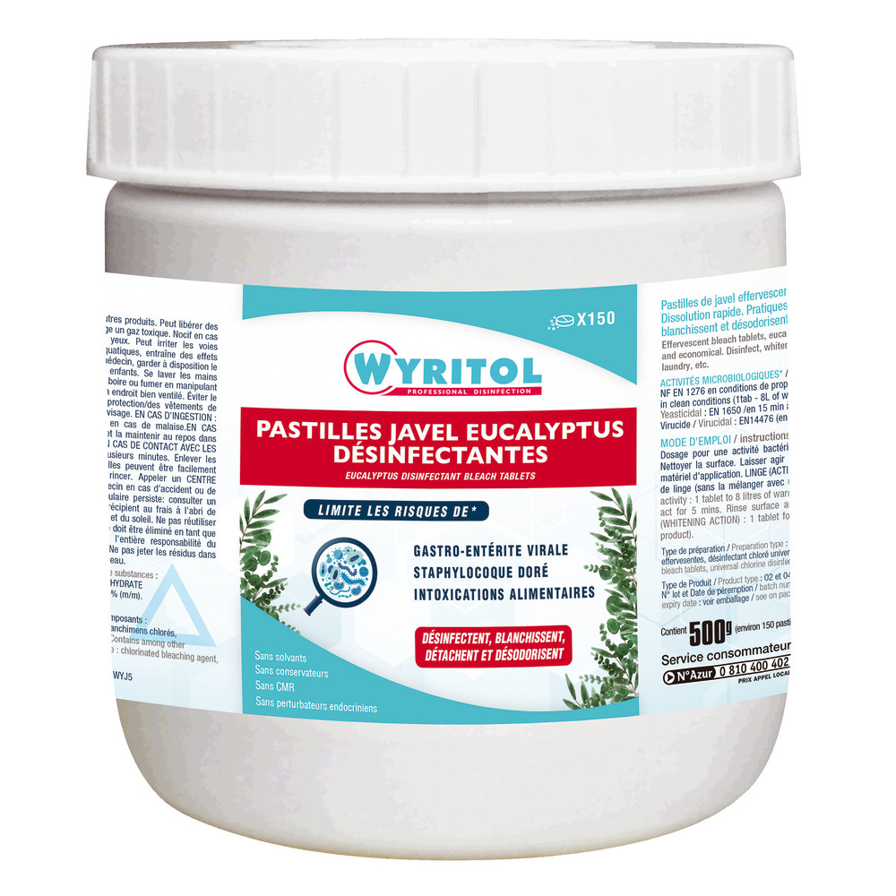 Pastilles javel effervescentes désinfectantes Wyritol, boîte de 150