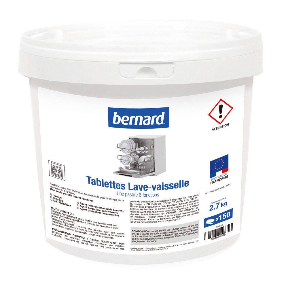 Tablettes lave-vaisselle cycle long Bernard 6 en 1, seau de 150