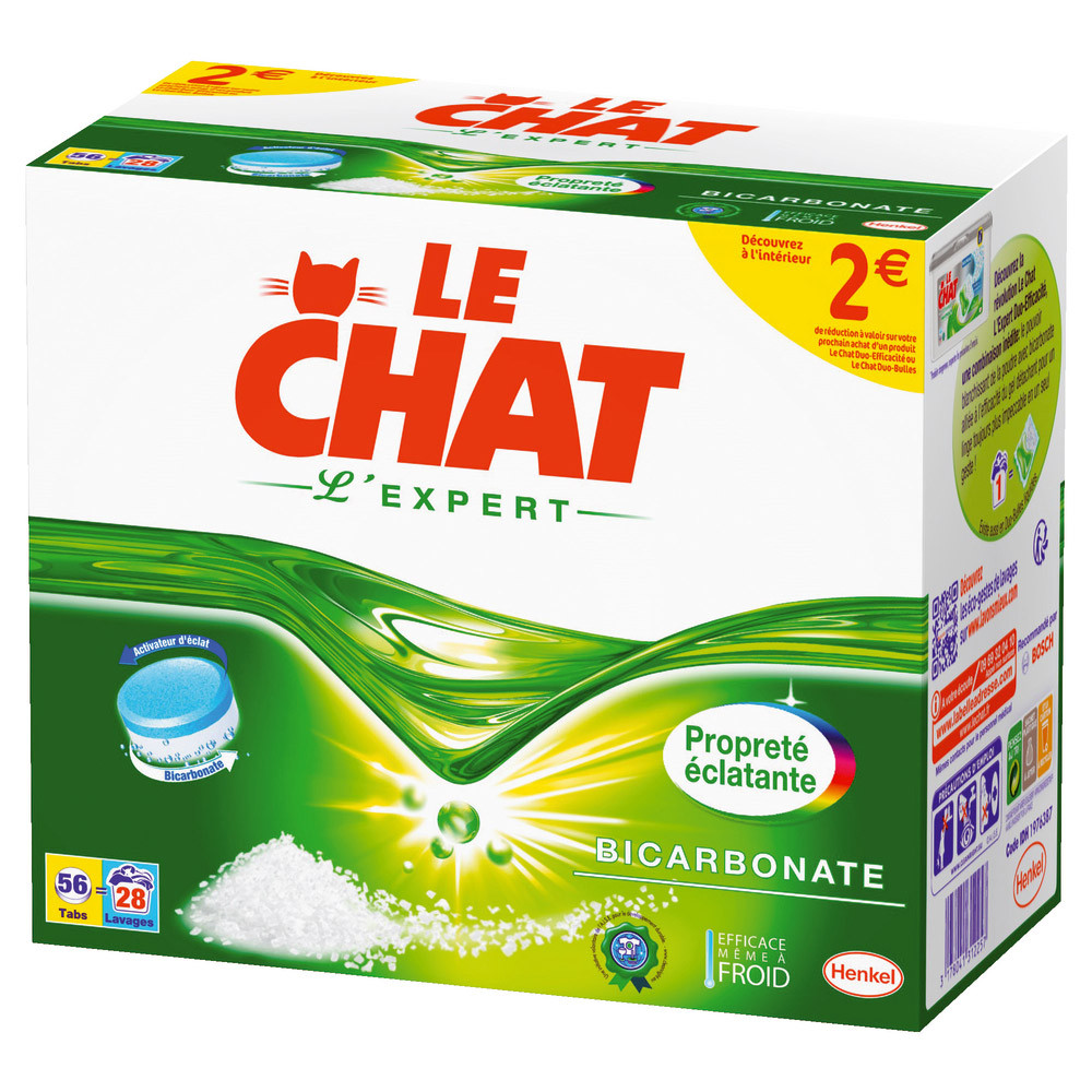 Tablettes lessive Le Chat l'Expert bicarbonate, boîte de 56