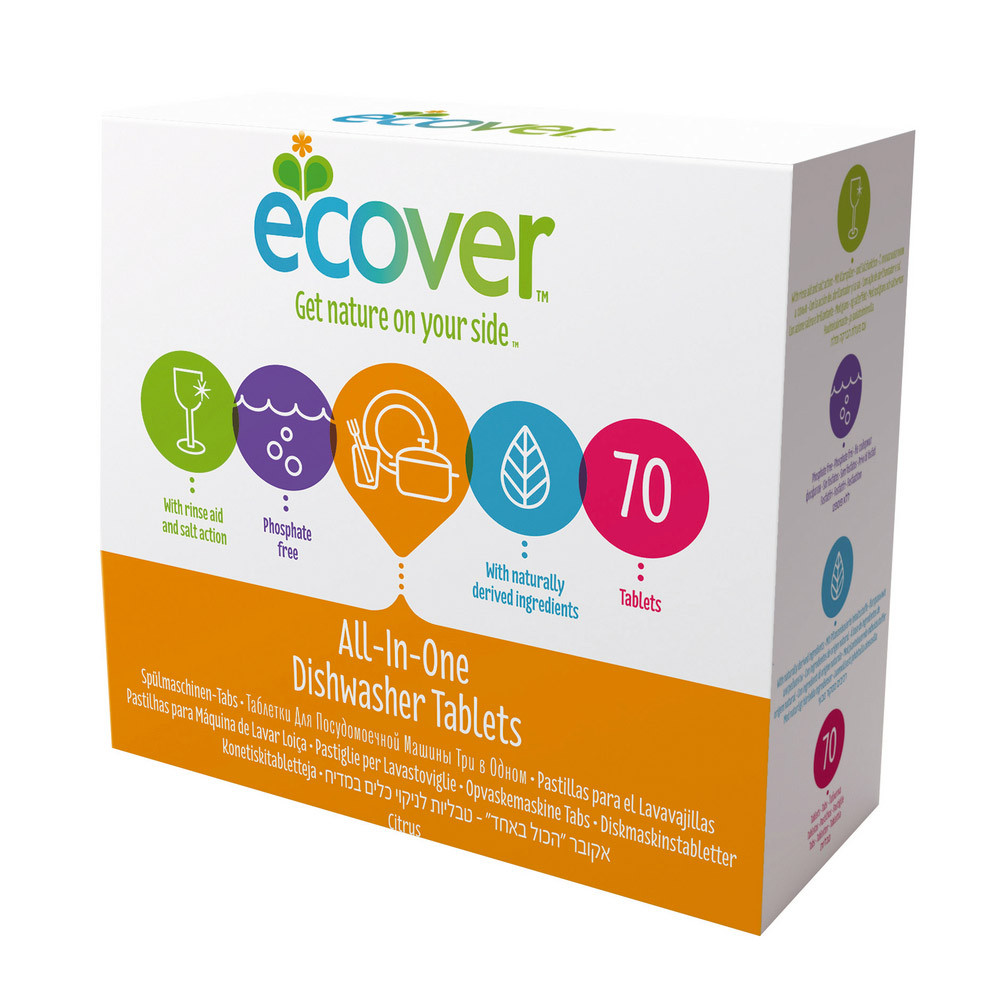 Tablettes lave-vaisselle cycle long Tout en 1 Ecover, boîte de 70