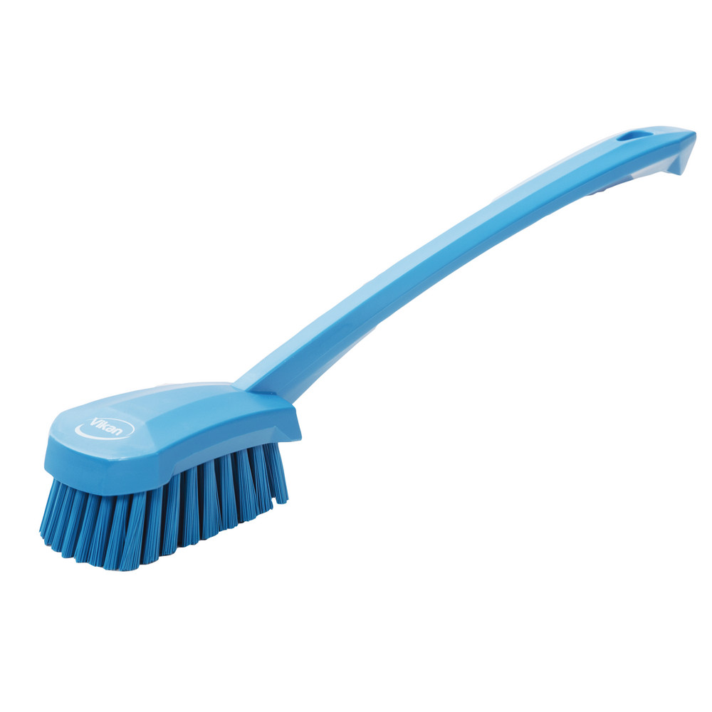Brosse à main manche long 415 mm, fibres dures, coloris bleu