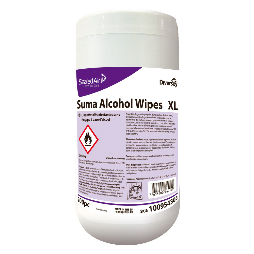 Lingettes désinfectantes contact alimentaire Suma XL, étui de 200