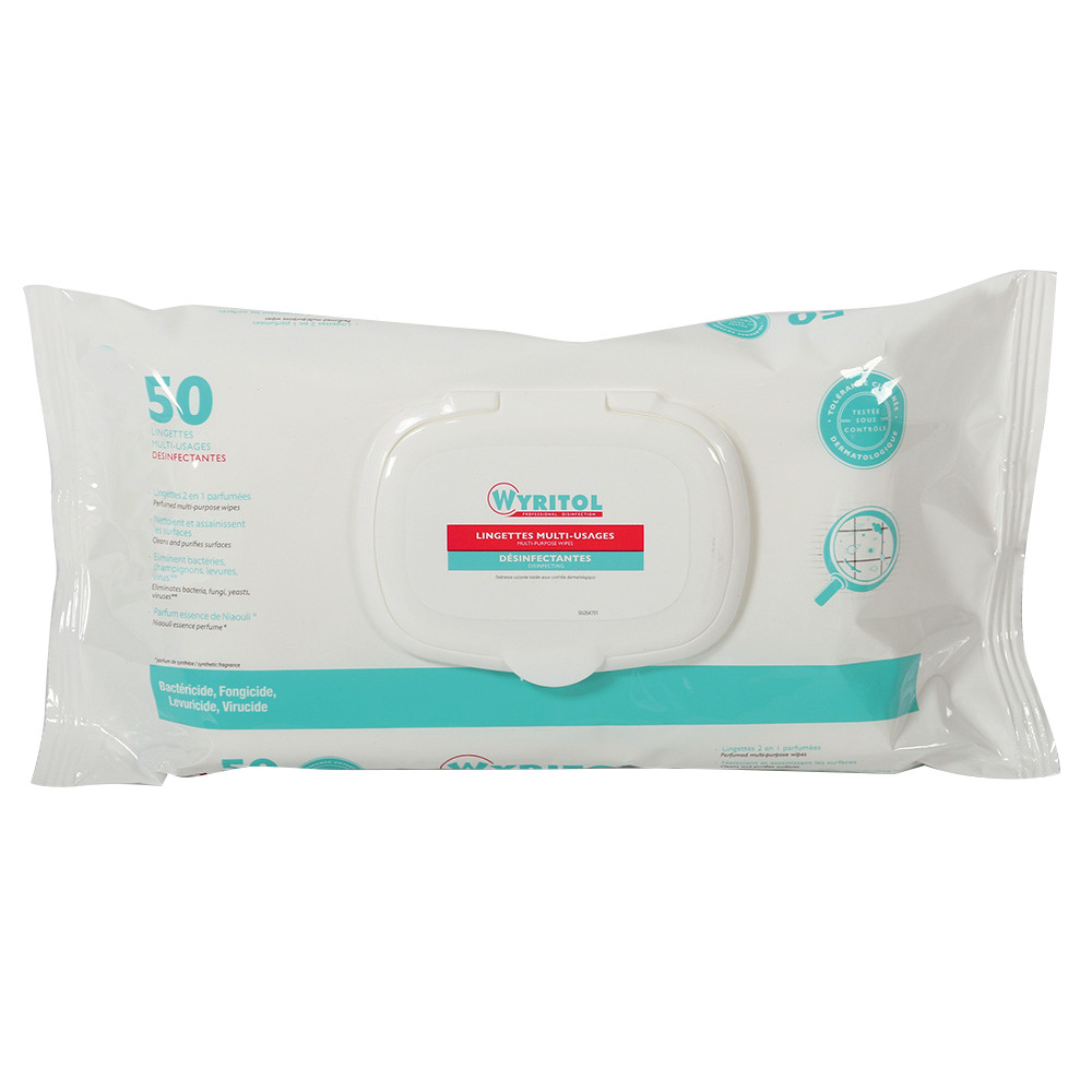 Lingettes désinfectantes nettoyantes surfaces Wyritol, étui de 50