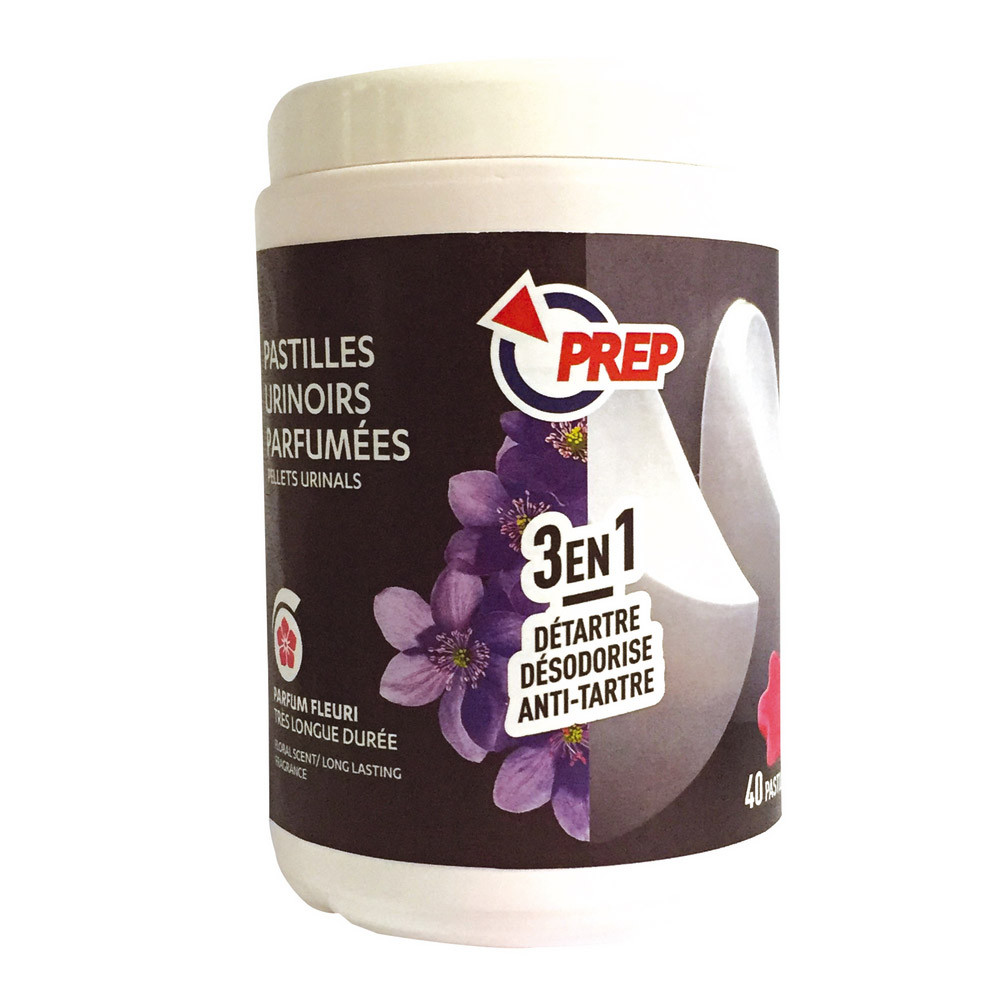Pastilles urinoirs antitartre parfumées Prep 3 en 1 fleuri boîte de 40