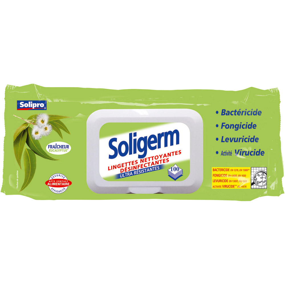 Lingettes désinfectantes nettoyantes Solipro Soligerm, étui de 100
