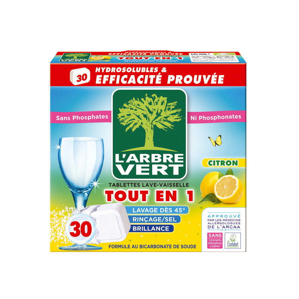 Tablettes lave-vaisselle cycle long L'Arbre Vert citron, boîte de 30