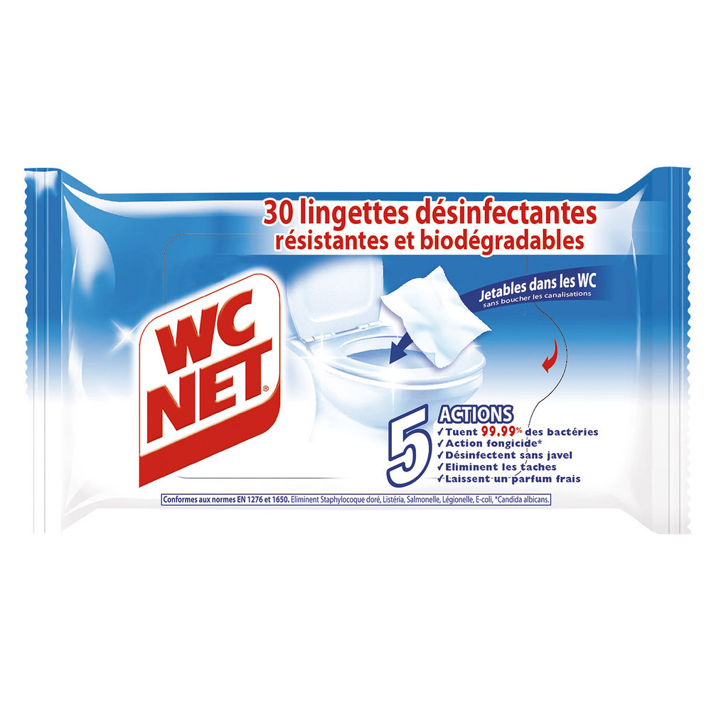 Lingettes désinfectantes sanitaires WC Net 5 actions, étui de 30