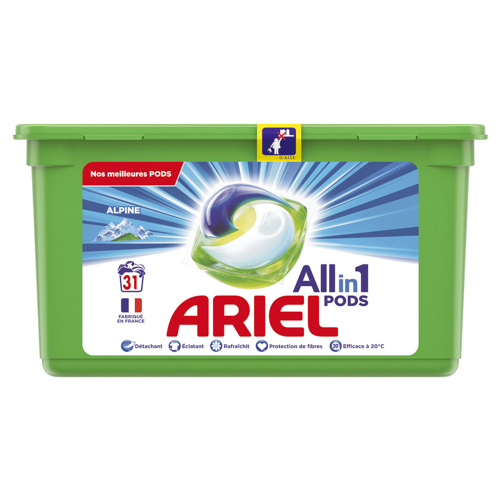 Dosettes lessive Ariel pods 3 en 1 fraîcheur alpine, boîte de 31