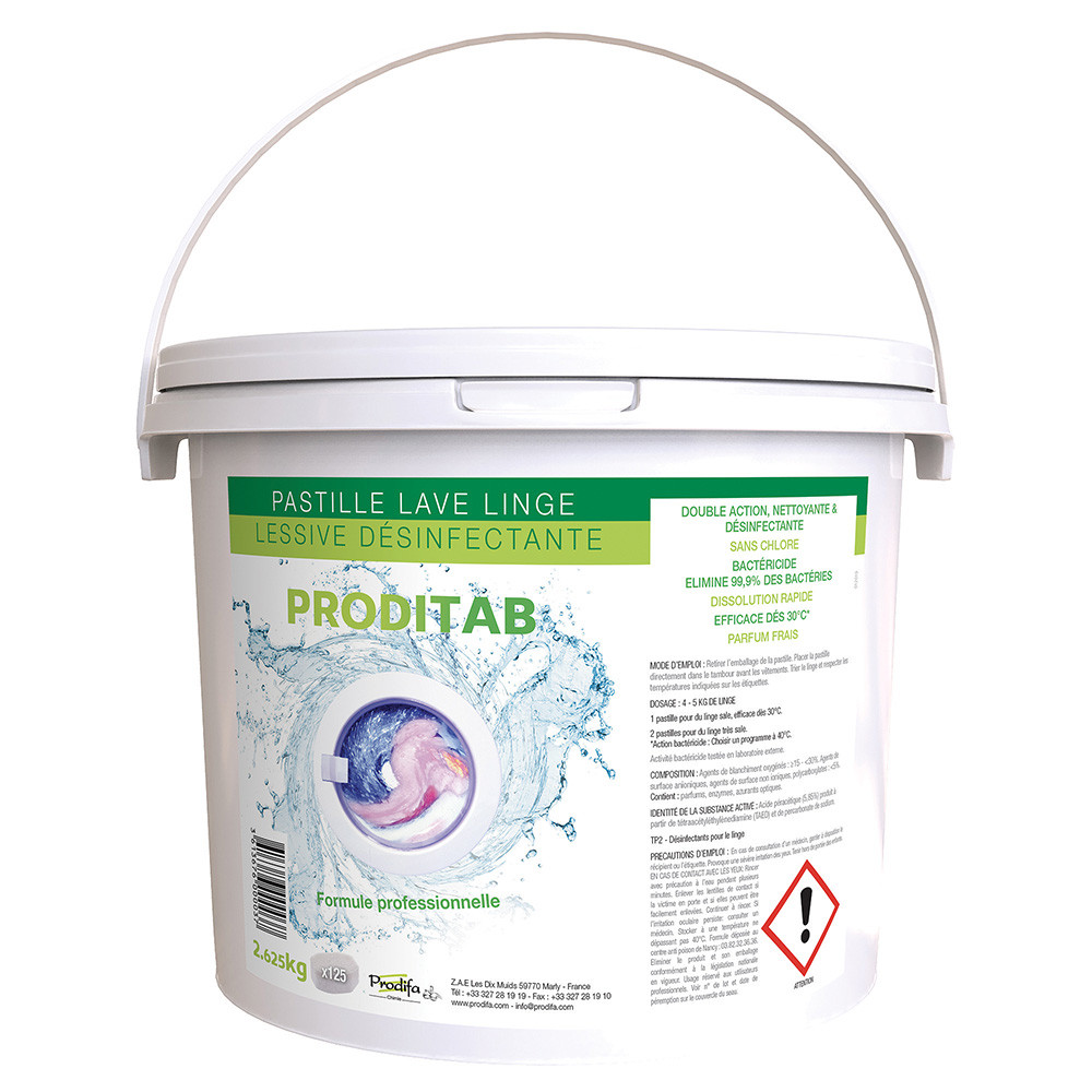 Tablettes lessive désinfectante Proditab, seau de 125