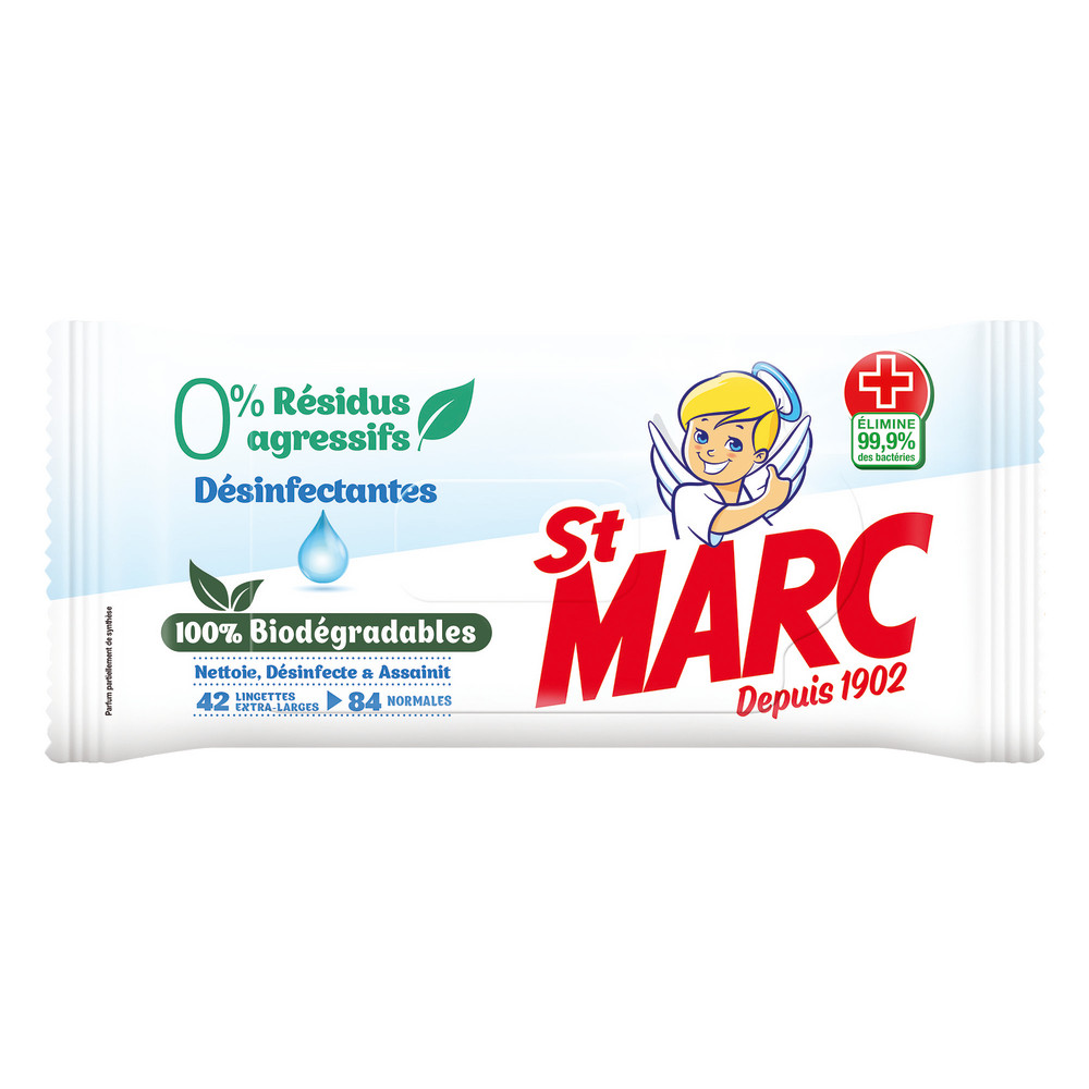 Lingettes antibactériennes dégraissantes surfaces St Marc, étui de 84