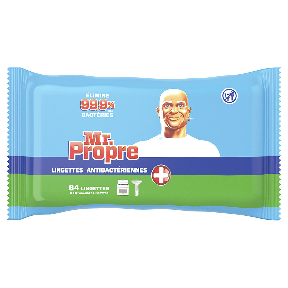 Lingettes antibactériennes multi-usages Mr Propre, étui de 64