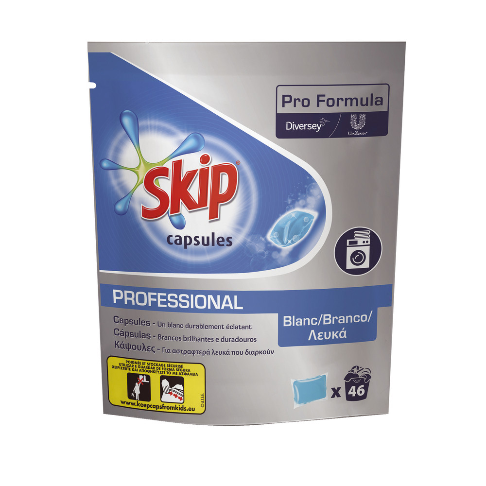 Dosettes lessive Skip Professional pour textiles blancs, sachet de 46