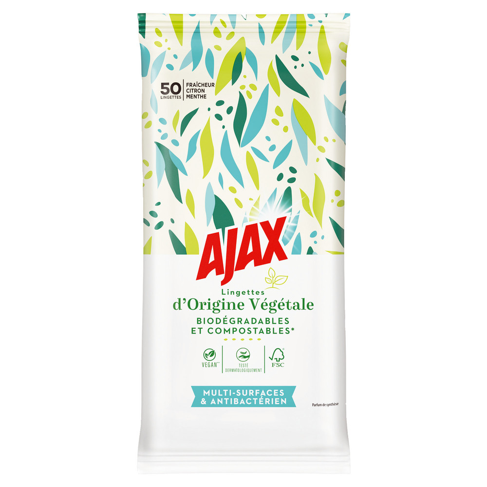 Lingettes antibactériennes végétales surfaces Ajax, étui de 50