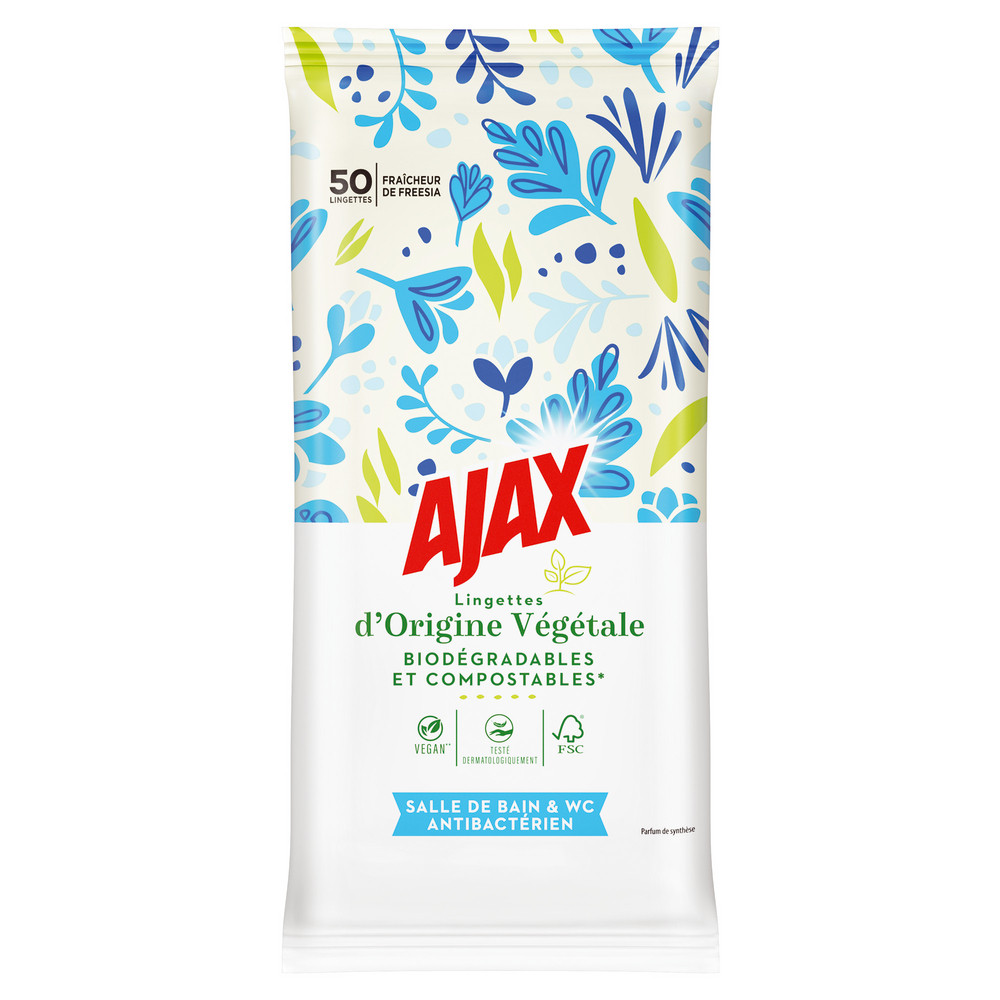 Lingettes antibactériennes biodégradables compostables Ajax étui de 50