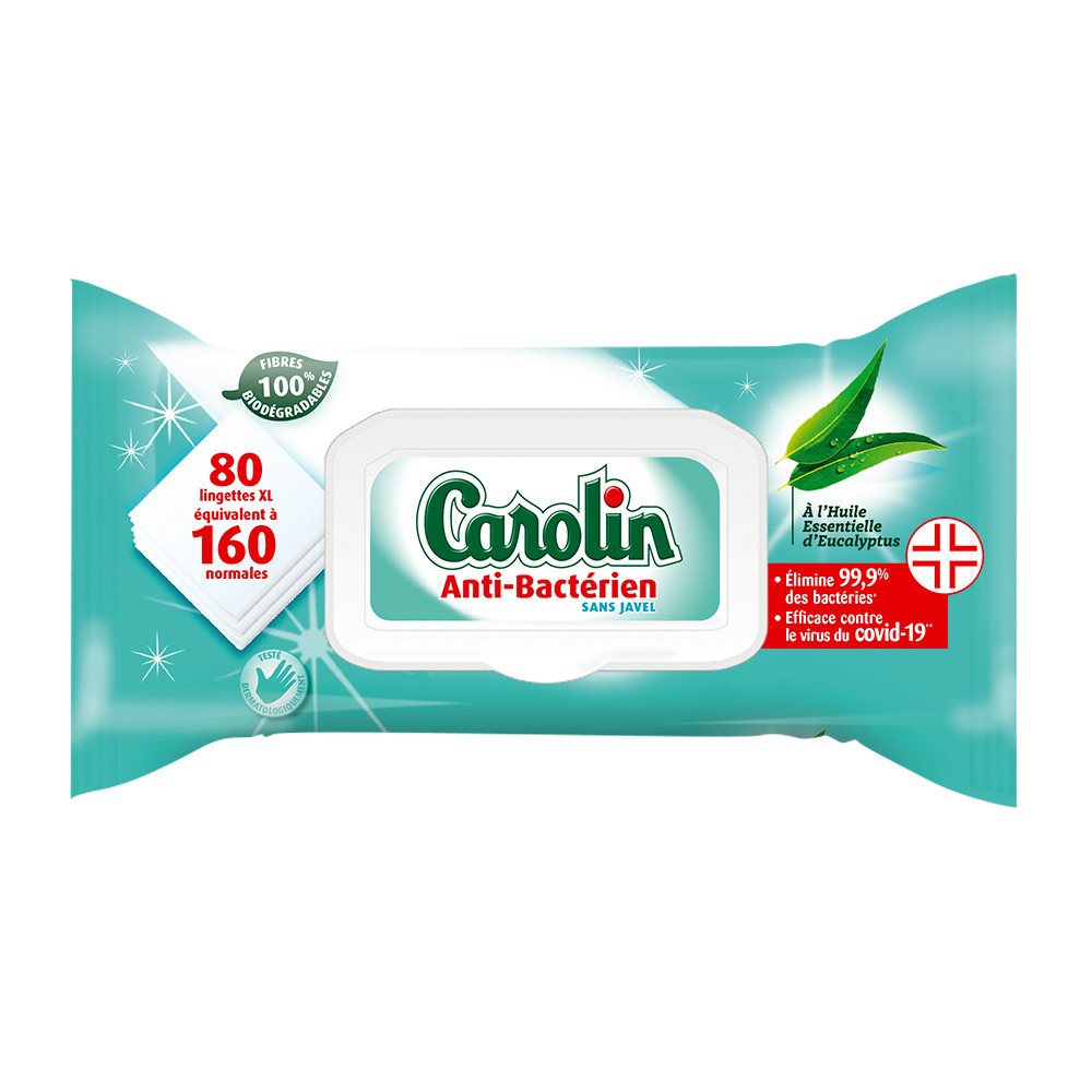 Lingettes antibactériennes surfaces Carolin eucalyptus, étui de 80