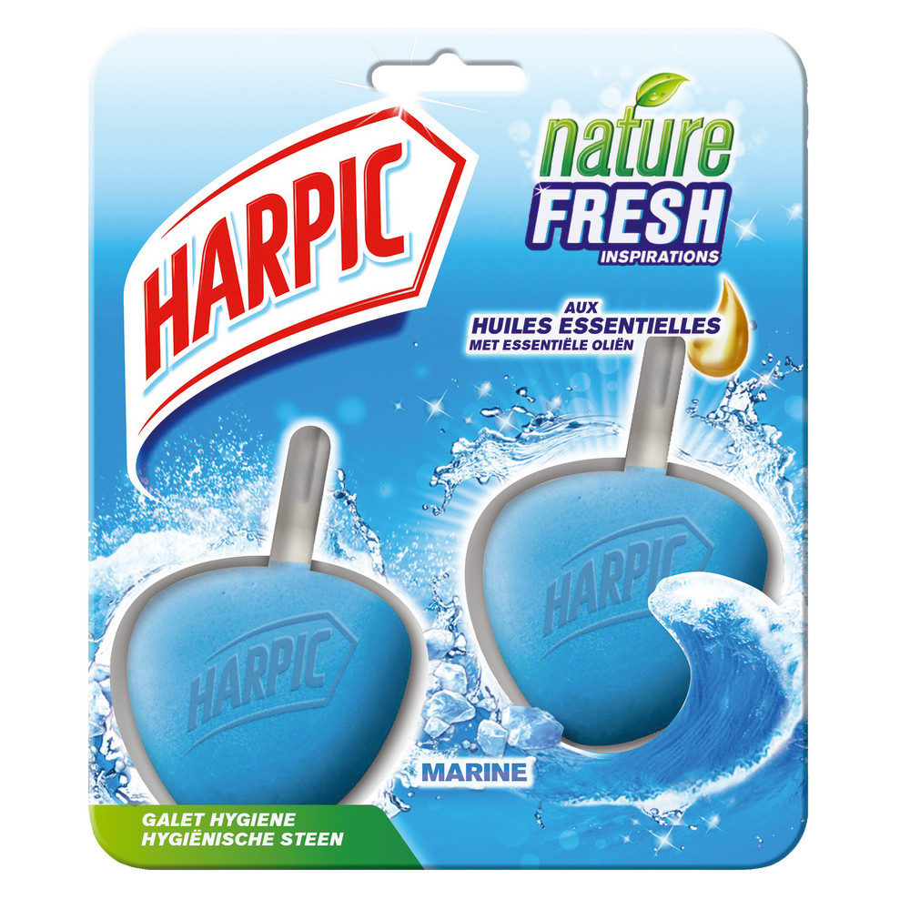 Blocs WC aux huiles essentielles Harpic Galet Hygiène marine, lot de 2