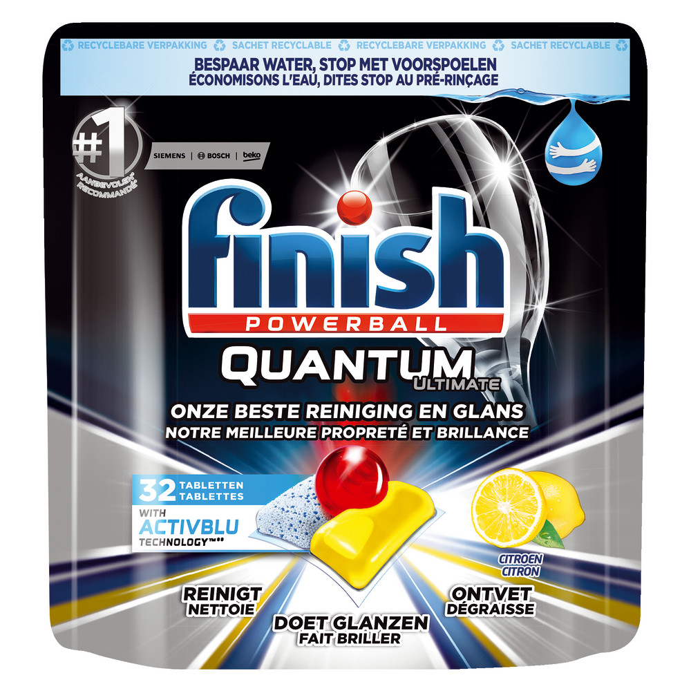 Tablettes lave-vaisselle cycle long Finish Quantum citron, sachet de 32