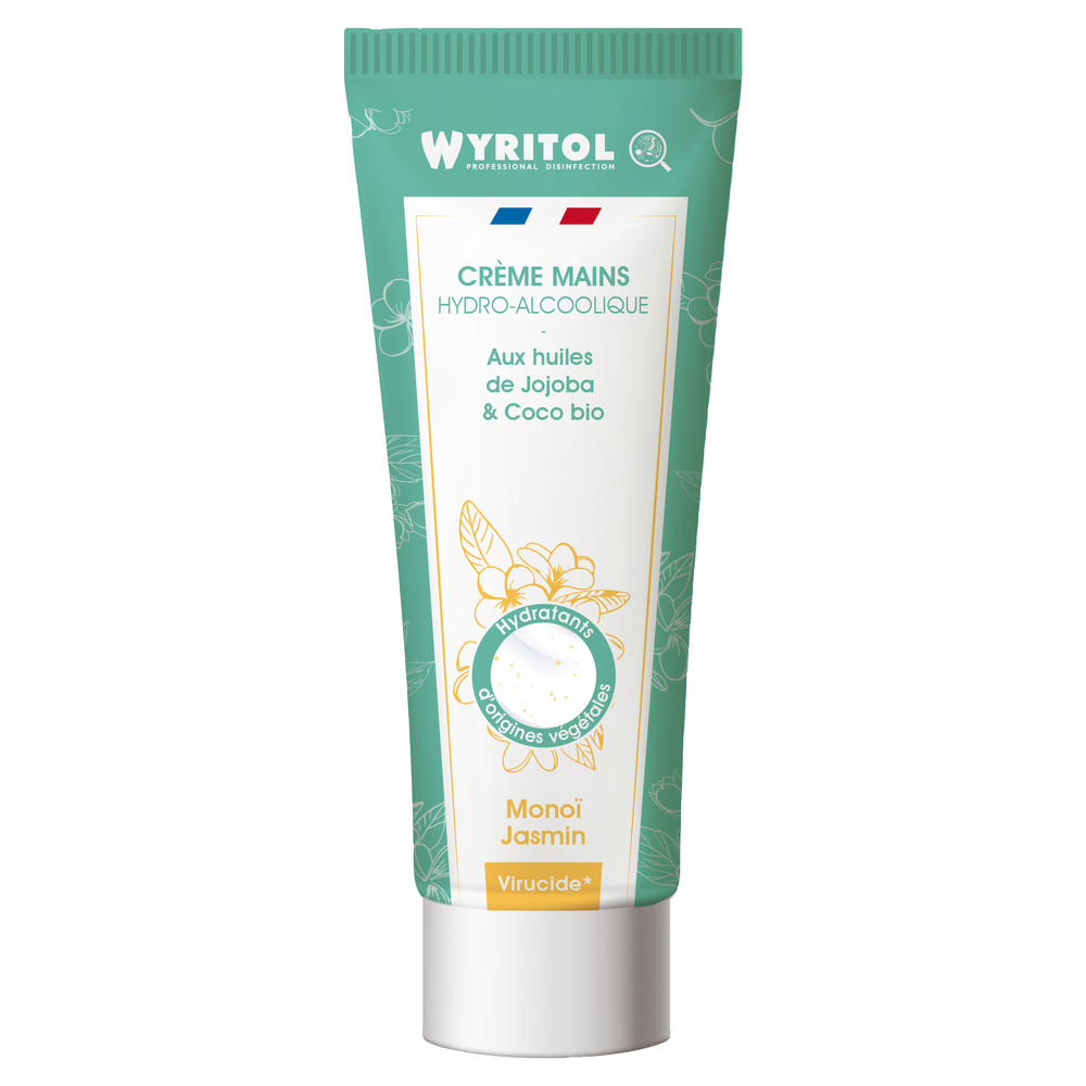 Crème hydroalcoolique Wyritol, parfum monoï jasmin, tube de 75 ml