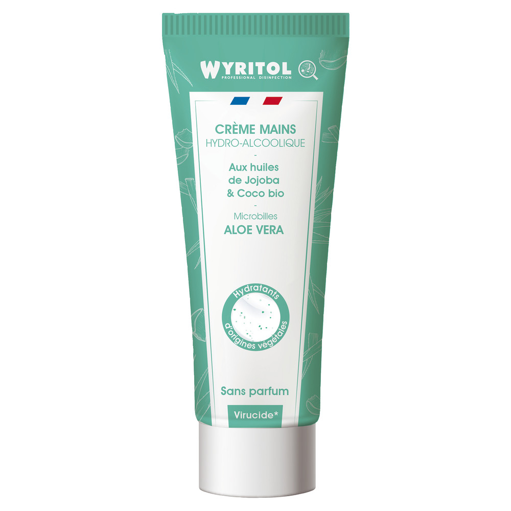 Crème hydroalcoolique Wyritol, sans parfum microbilles aloe vera, tube de 75 ml