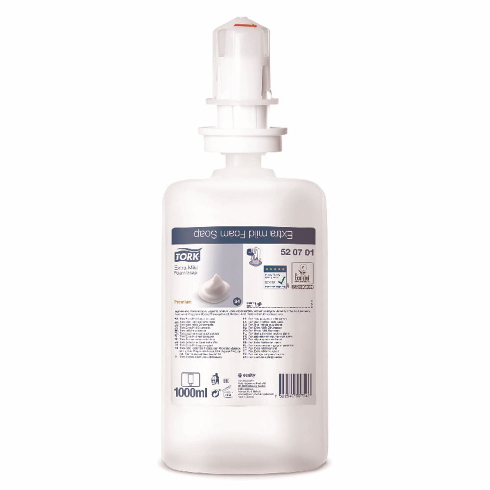 Savon mousse extra doux Tork, lot de 6 cartouches, 1L