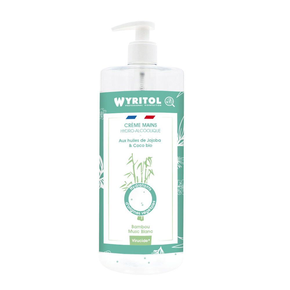 Crème hydroalcoolique Wyritol, parfum bambou musc, flacon pompe de 500 ml