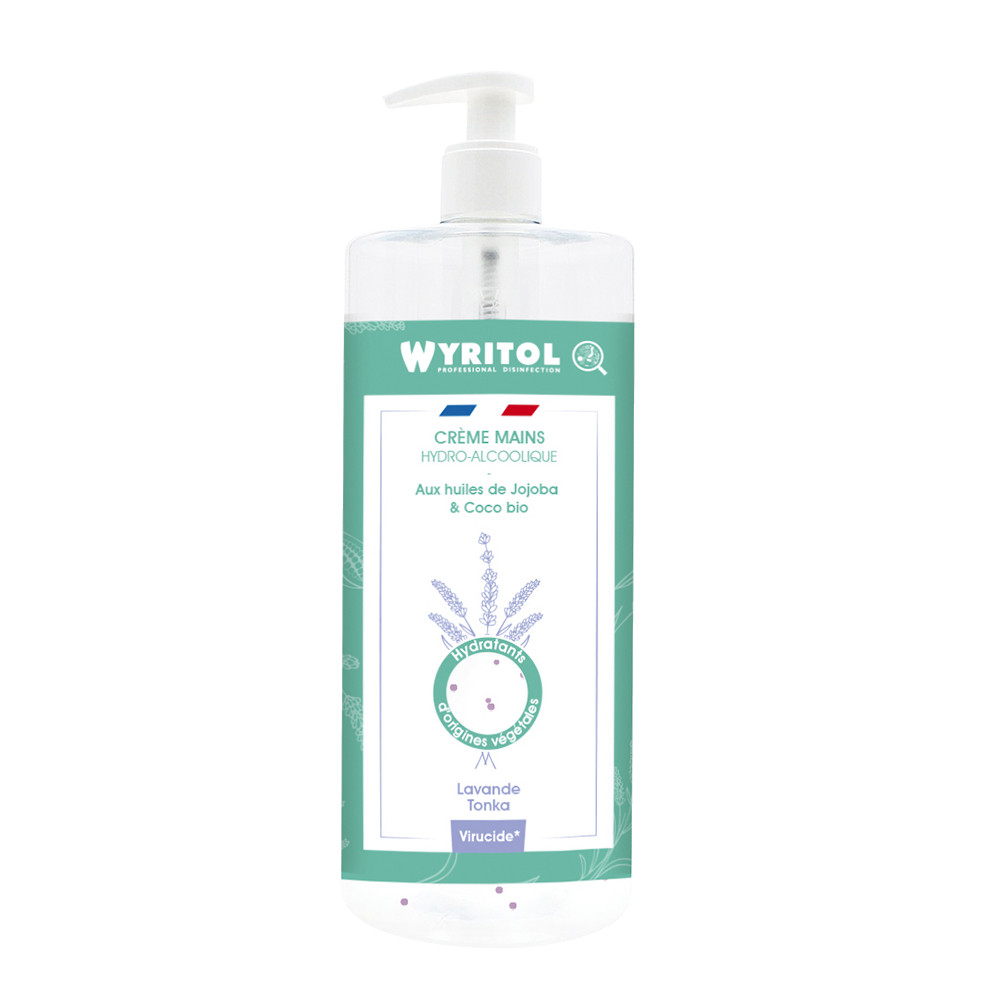 Crème hydroalcoolique Wyritol, parfum lavande tonka, flacon pompe de 500 ml
