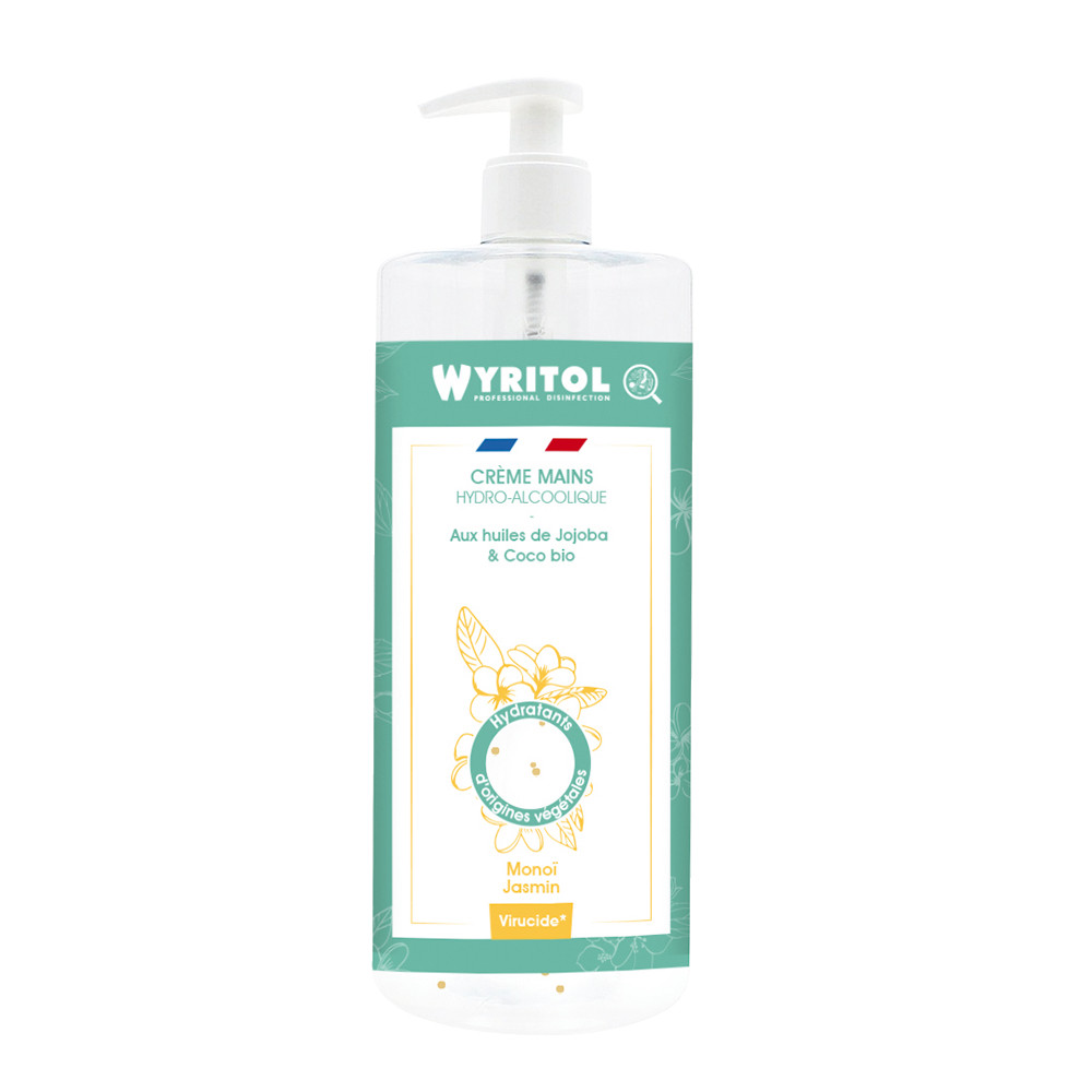 Crème hydroalcoolique Wyritol, parfum monoï jasmin, flacon pompe de 500 ml