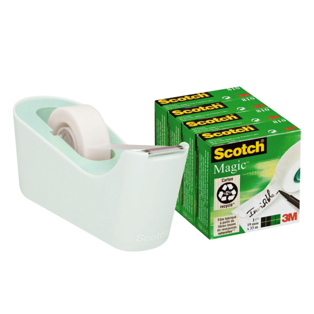 Dévidoir C18 coloris menthe pastel avec 4 rouleaux de Scotch 3 M
