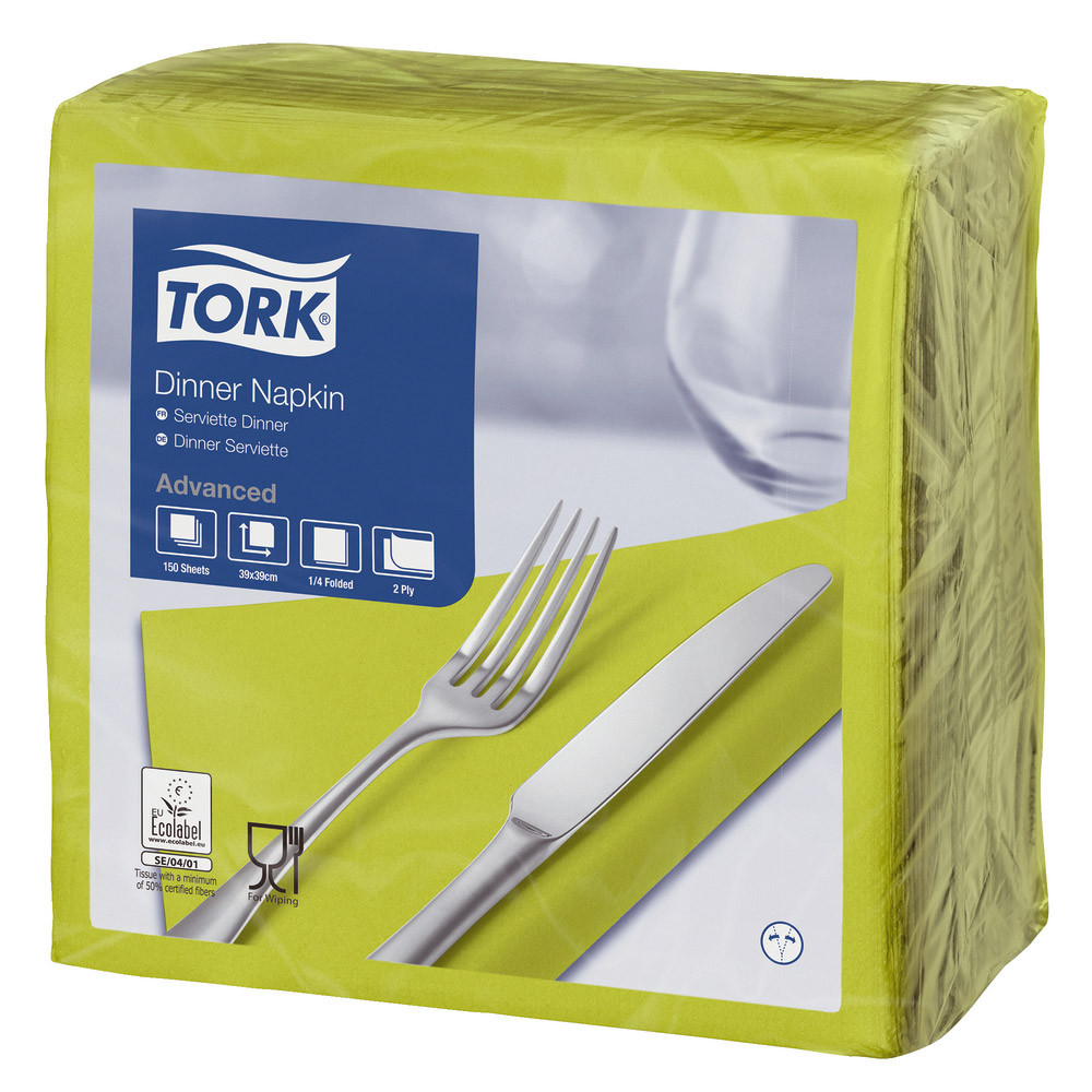 Serviettes de table en papier Dinner Tork, coloris citron vert, le colis de 150