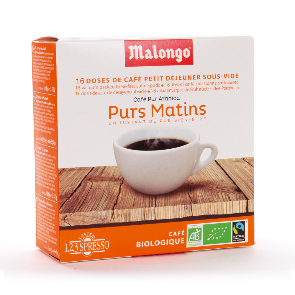 16 dosettes de café moulu 1, 2, 3 Spresso Malongo Purs Matins