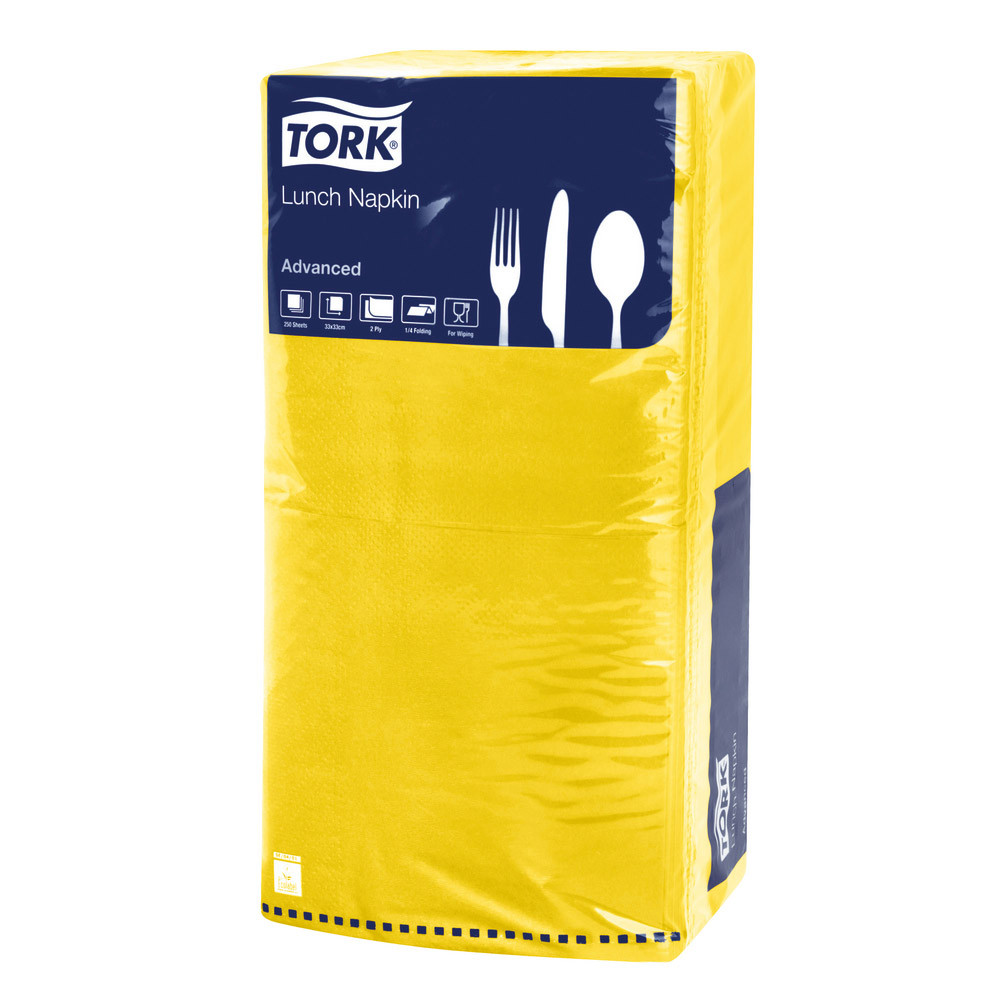 Serviettes de table en papier Lunch Tork, coloris jaune, le colis de 200