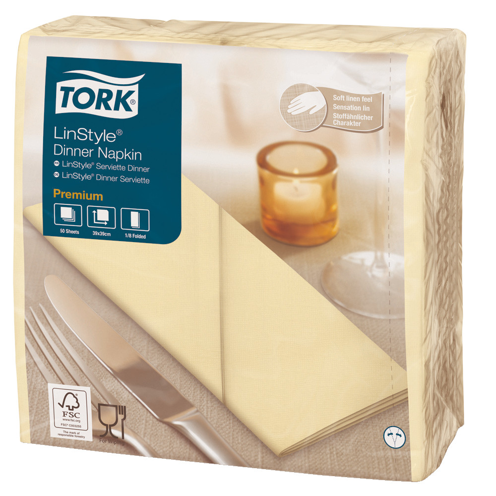 Serviettes de table non tissé Dinner Linstyle® Tork, pliage 1/8, coloris champagne, le colis de 50