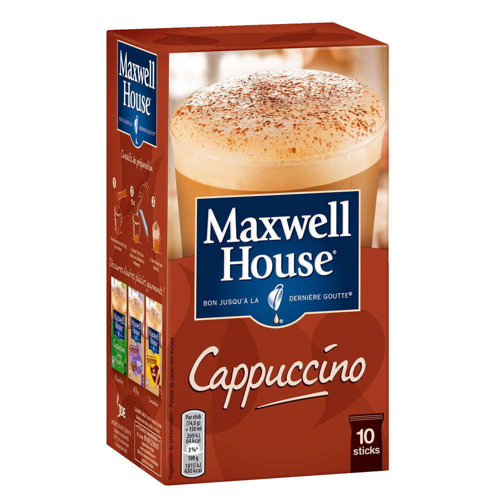 Boisson soluble Maxwell House Cappuccino, boîte de 10 sticks