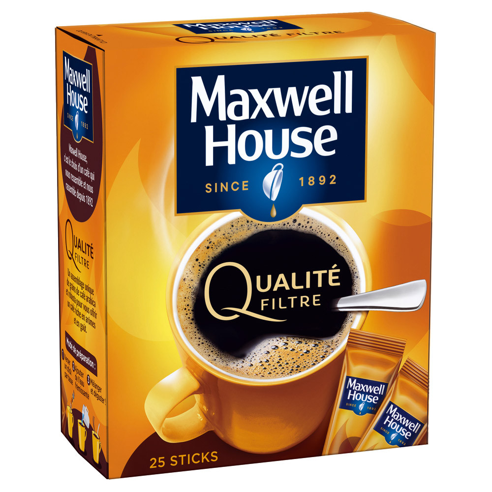 Café soluble Maxwell House Qualité filtre, boîte de 25 sticks