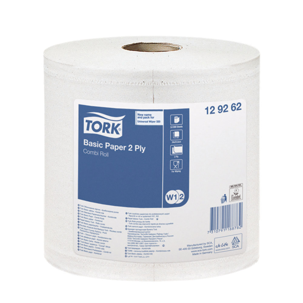 2 bobines d'essuyage blanches Tork, 1500 formats