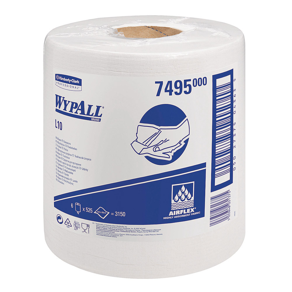 6 bobines d'essuyage à dévidage central Wypall L10 blanches, 525 formats