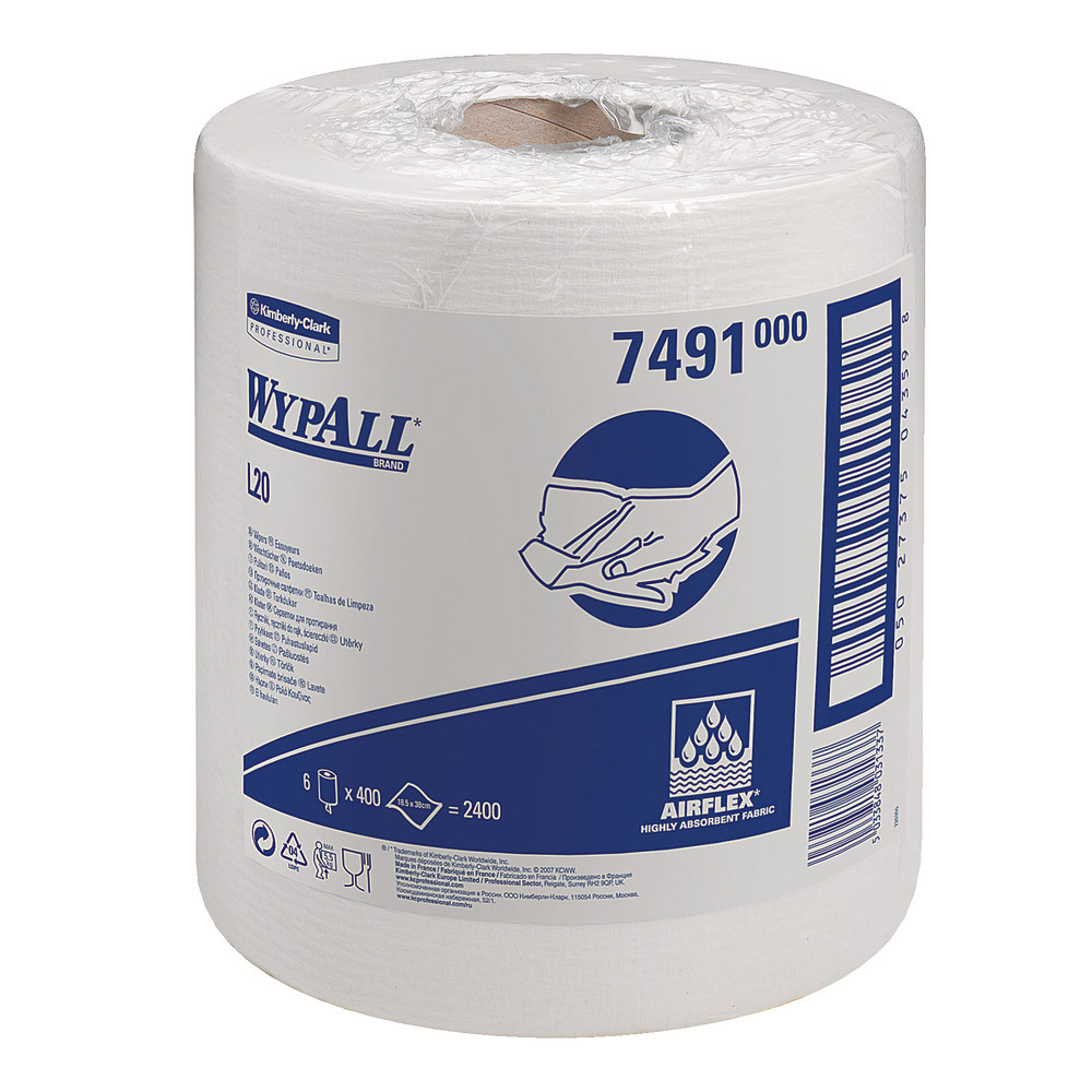 6 bobines d'essuyage blanches à dévidage central Wypall L20 , 400 formats