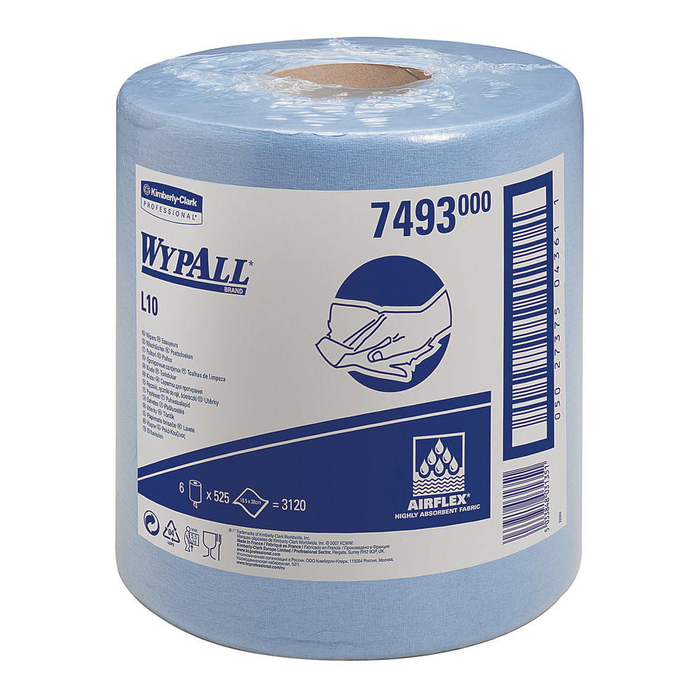 Bobines d'essuyage à dévidage central Wypall L10 bleu 525 feuilles, lot de 6