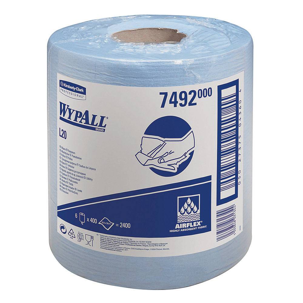 Bobines d'essuyage à dévidage central Wypall L20 bleu 400 formats, lot de 6
