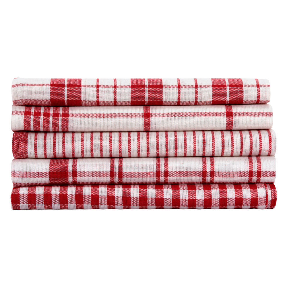 Torchons coton rouge motifs assortis 50 x 70 cm, lot de 5
