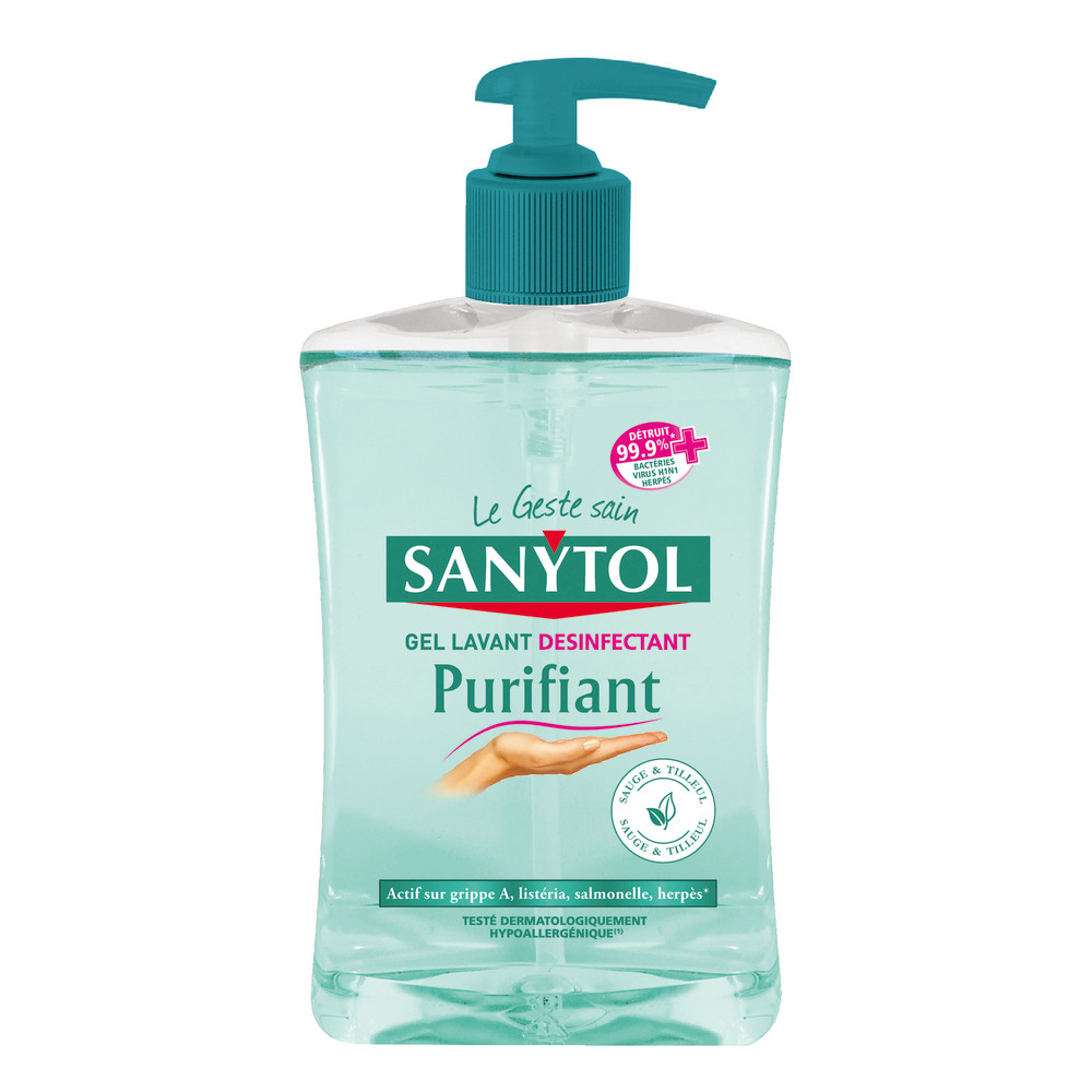 Gel lavant mains désinfectant purifiant Sanytol, flacon pompe de 500 ml, senteur sauge et tilleul