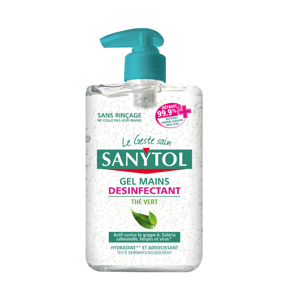 Gel mains désinfectant et hydratant Sanytol, flacon pompe de 250 ml, senteur thé vert