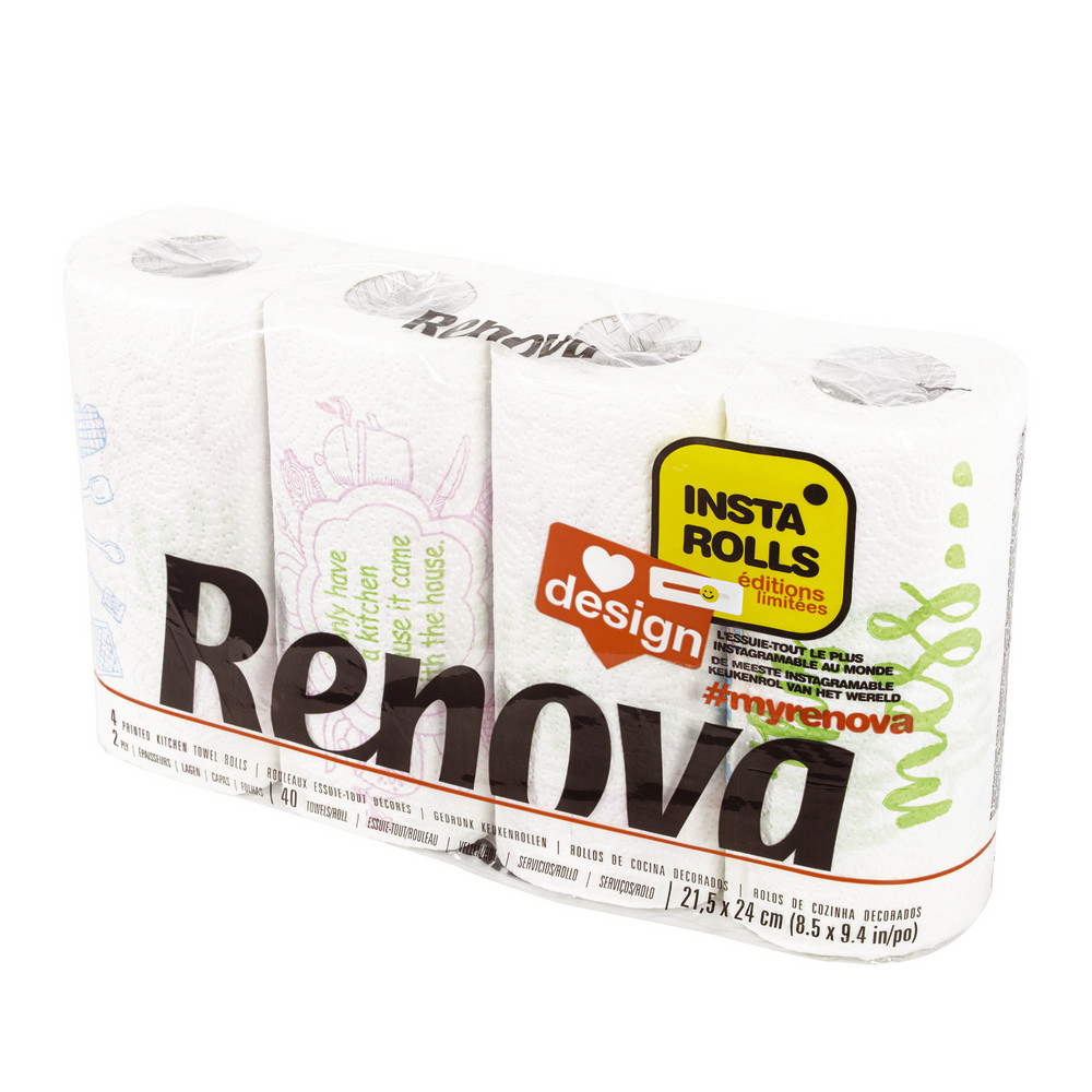 Essuie-tout Renova Design Instagrammable 2 épaisseurs, lot de 4 rouleaux