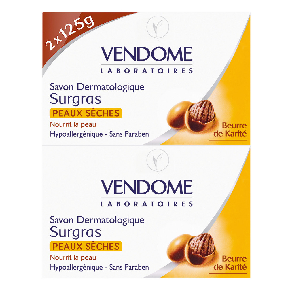 Savons dermatologiques surgras Vendome peaux sèches 125 g, lot de 2