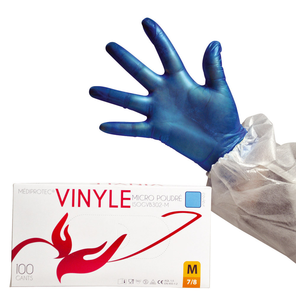 Gants vinyle économiques bleus, taille 8, boîte de 100