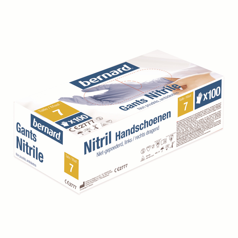 Gants en nitrile bleu non poudré Bernard, taille 7, boîte de 100
