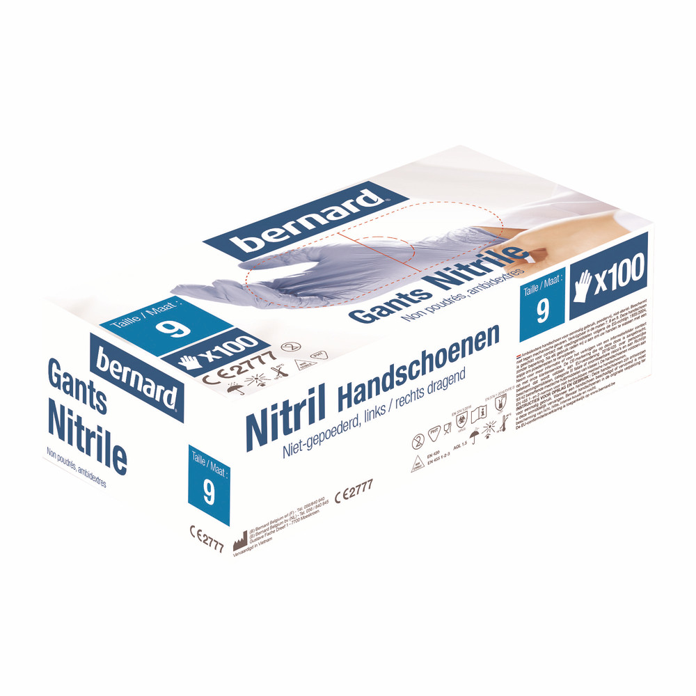 Gants en nitrile bleu non poudré Bernard, taille 9, boîte de 100