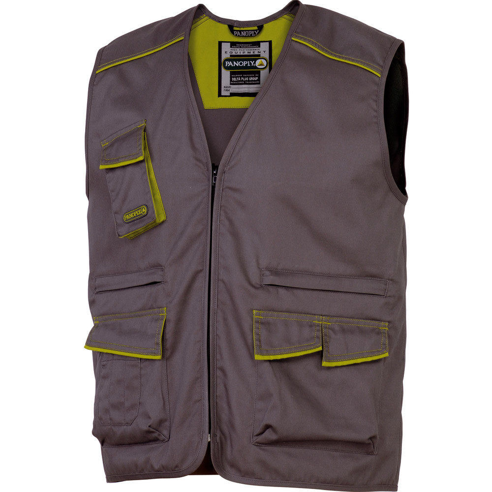 Gilet de travail multipoches polycoton gris et vert Panostyle, Deltaplus, taille M